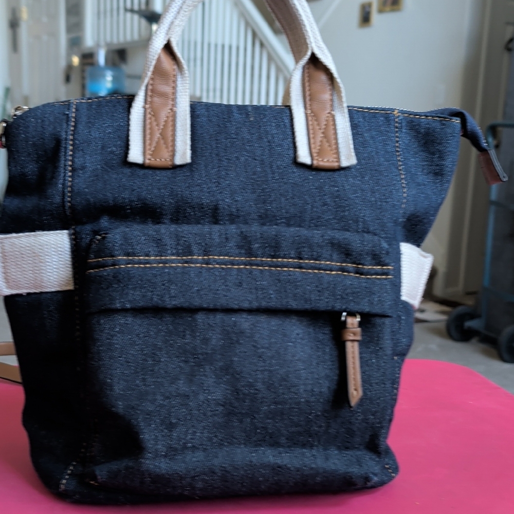Black Canvas Tote with Cream Handles and Tan Trim